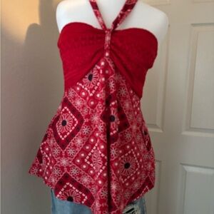 Red and White Asymmetrical Tie Front Tank Top